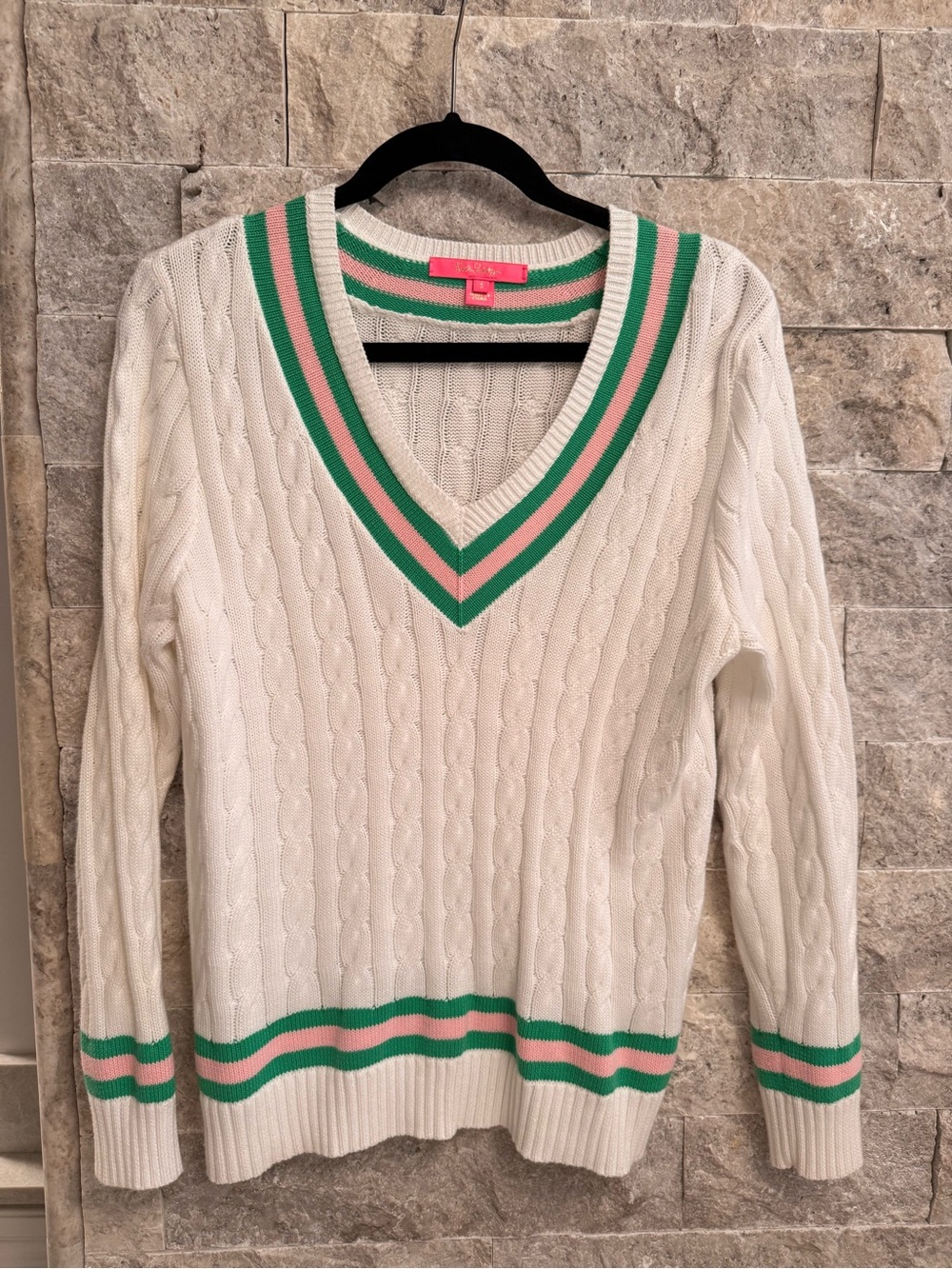 Lilly Pulitzer White Cable Knit V-Neck Sweater with Green & Pink Trim